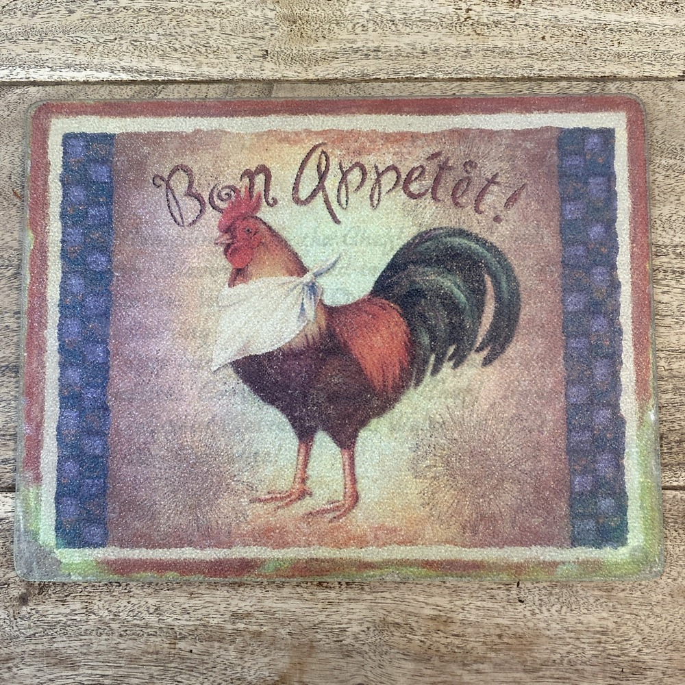 VTG Decorative Tempered Glass Cutting Board With Bon Appétit Rooster 11 1/2"X15"